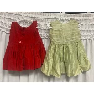 Vintage Girls Christmas Dress Bundle Red Corduroy & Green Lace Dresses Size 2T